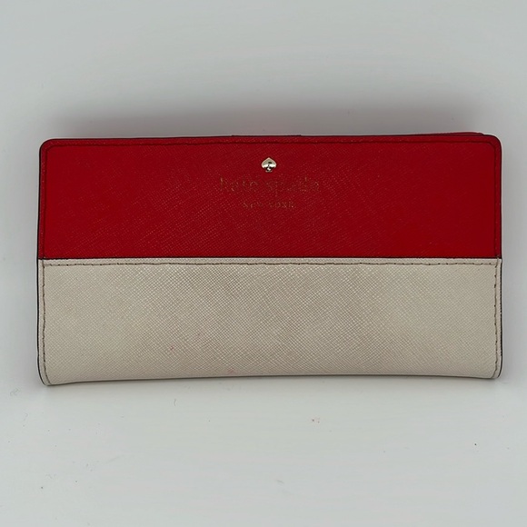 Kate Spade Safiano Leather Slim Clutch Bifold Color Block Wallet Red Cream - Picture 1 of 7